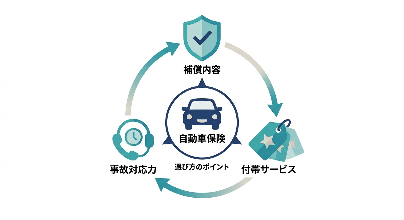 自動車保険の選び方を示す循環図、中心の「自動車保険」から補償内容・事故対応力・付帯サービスの3項目へ矢印がつながる、選ぶ際に確認すべき3つの観点を表す図