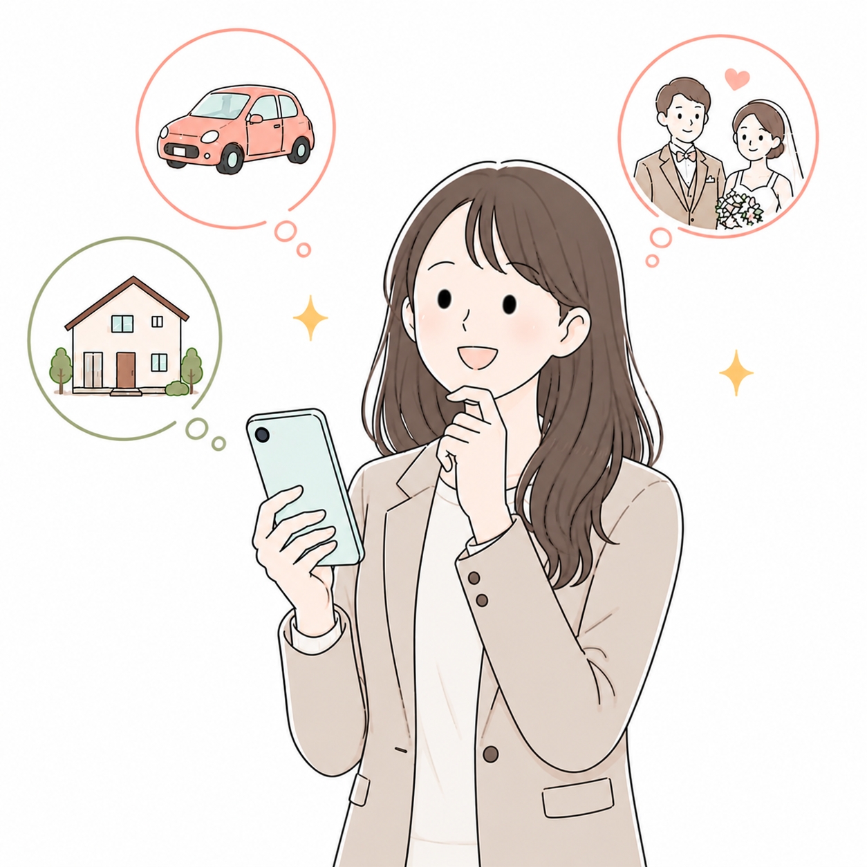 笑顔で操作完了する女性とライフイベントアイコン